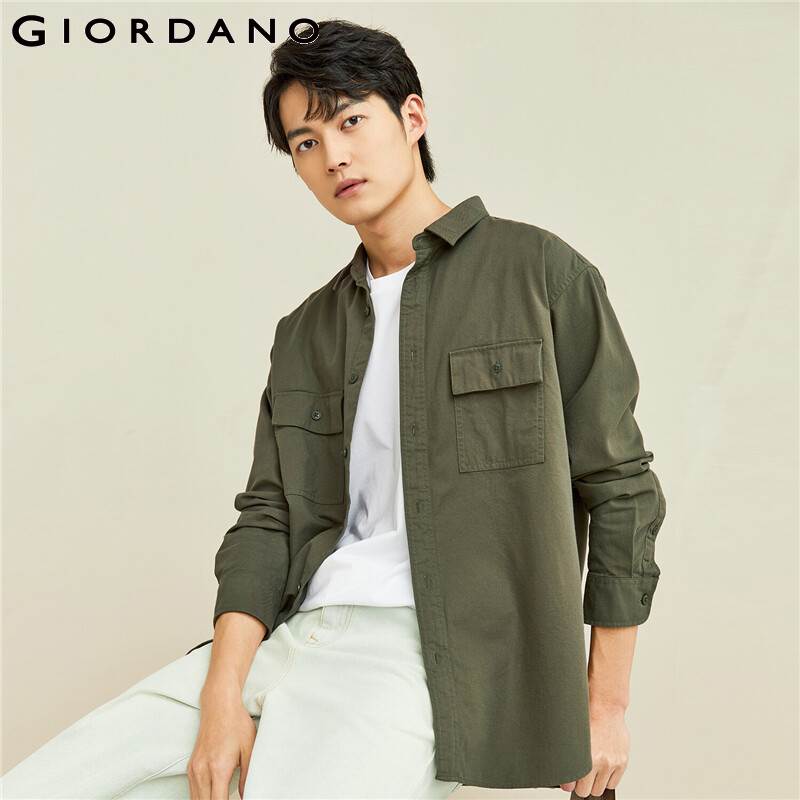 Giordano Men Shirts Double Patch Pockets Loose Shirt Cotton Clasic Collar Long Sleeves Causal Shirts 01042105